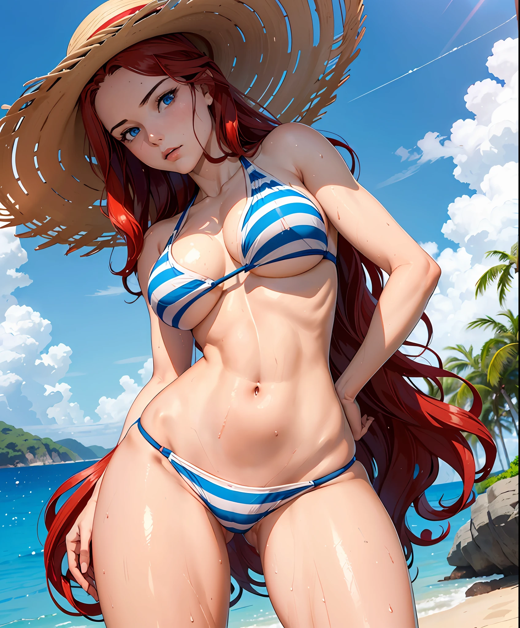 woman in her 20s, (perfect face), defined jawline, beautiful blue eyes, beautiful lips, (long red flowing wavy hair), (perfect anatomy), (athletic body), (sexy)(medium wet breasts), (thick thighs), (perfect hands), (bikini with blue stripes), (straw hat), looking at viewer, (POV from below), (medium full shot photograph), (tropical beach background), realistic