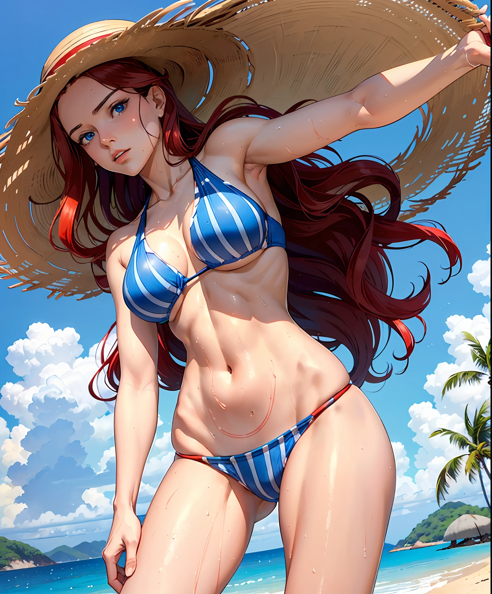 woman in her 20s, (perfect face), defined jawline, beautiful blue eyes, beautiful lips, (long red flowing wavy hair), (perfect anatomy), (athletic body), (sexy)(medium wet breasts), (thick thighs), (perfect hands), (bikini with blue stripes), (straw hat), looking at viewer, (POV from below), (medium full shot photograph), (tropical beach background), realistic
