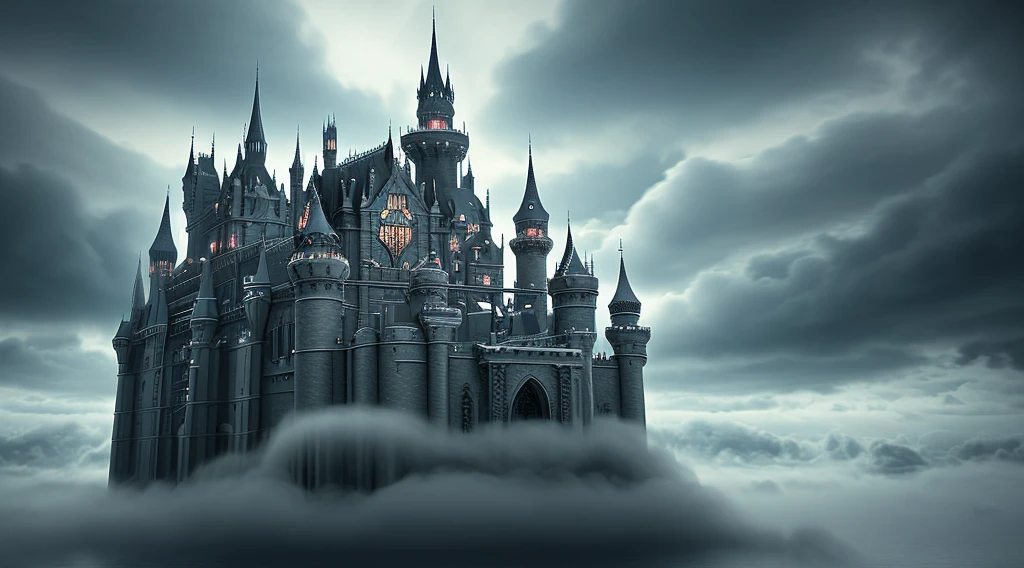 Fantasy floating Gothic castle, surrounded by clouds, surrealism, constructivism, abstraction, depth of field, motion blur, chromatic aberration abuse, masterpiece, high detail, award-winning, 8k