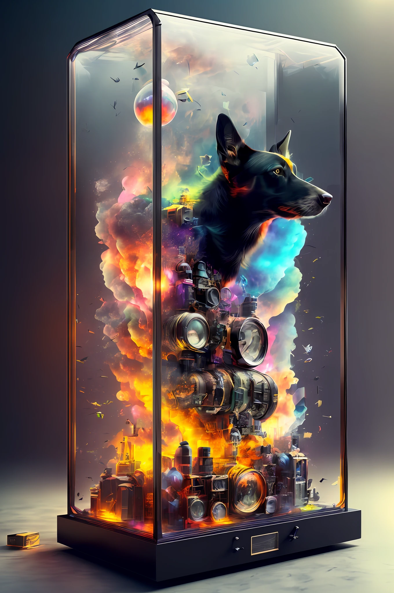 knollingcase, black dog, (((vibrant, photo realistic, realistic, dramatic, sharp focus, 8k)))
