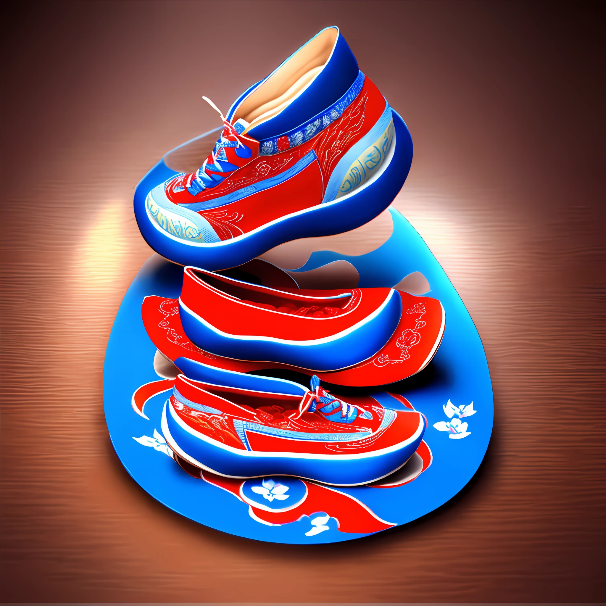 A pair of shoes, Tang culture, Tang Dynasty national style, casual shoes, red and blue matching, fashion, 3D rendering, complex shoe style