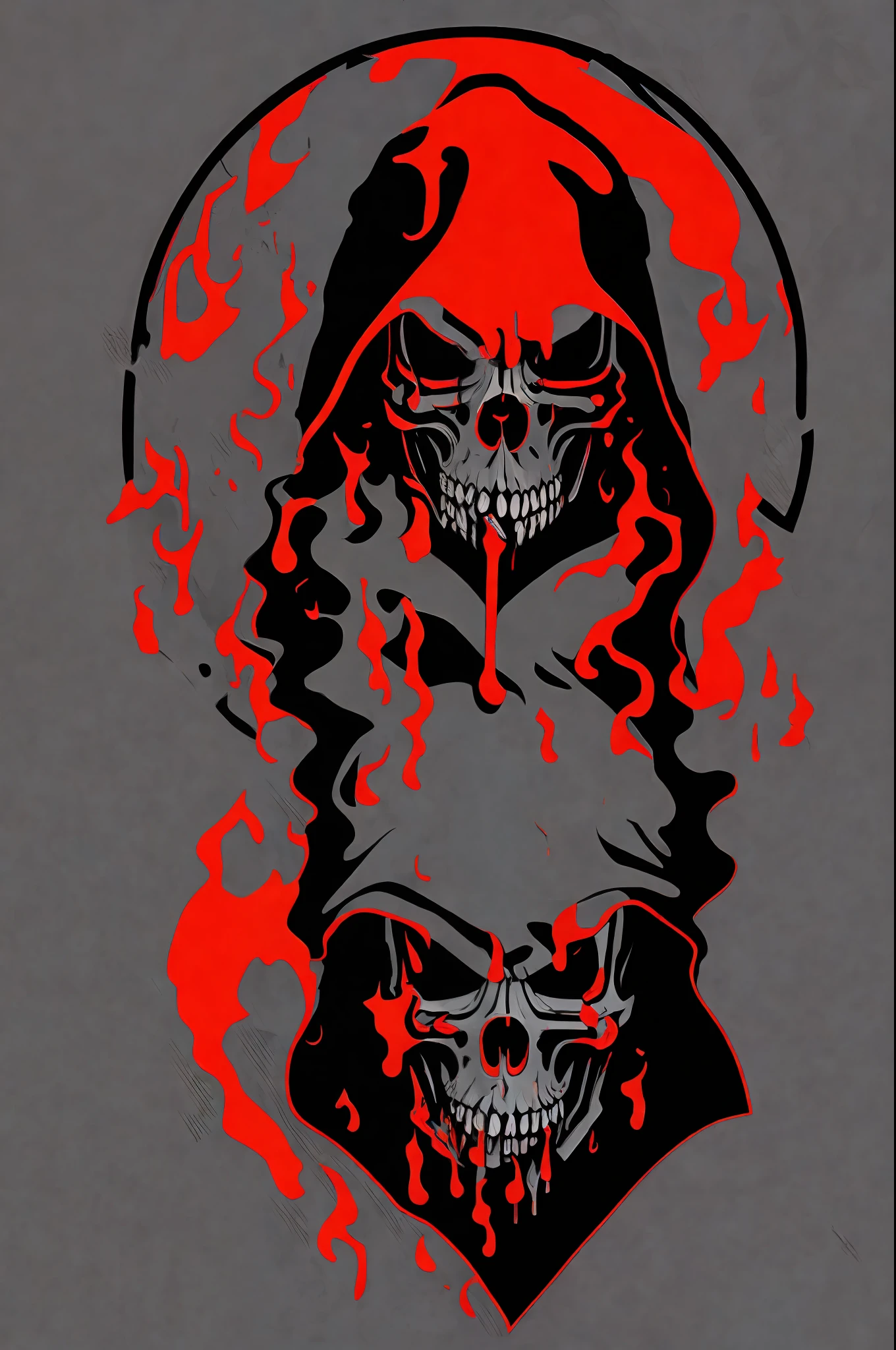 hooded grim reaper, (empty background :1.4), Scythe, streetwear, blood, flame, colorfull, realistic, intricare, horror, extremely sharp, detailed, 8k, centered, as a t-shirt logo in the style of <�MAGIFACTORY>