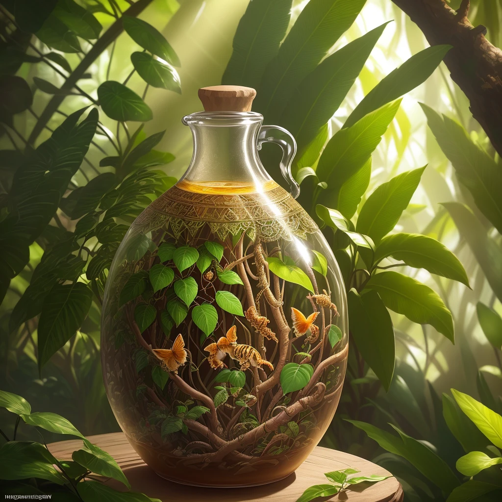 A close-up of honey bottle lettering, detailed and intricate digital illustration of a dense jungle full of exotic plants and animals, sunlight filtering through the canopy to create a mottled effect. Realistic rendering style, masterpiece, proportion, detail, art station trend, beautiful lighting, realistic, intricate, award-winning, 4k, highest quality — v6