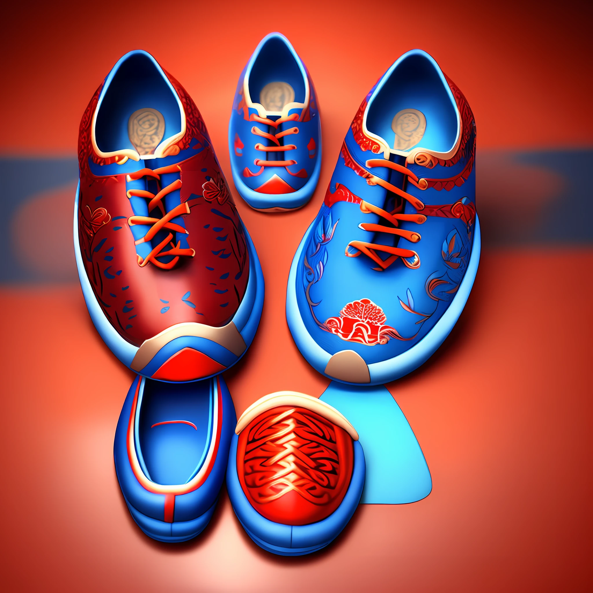 A pair of shoes, Tang culture, Tang Dynasty national style, casual shoes, red and blue matching, fashion, 3D rendering, complex shoe style