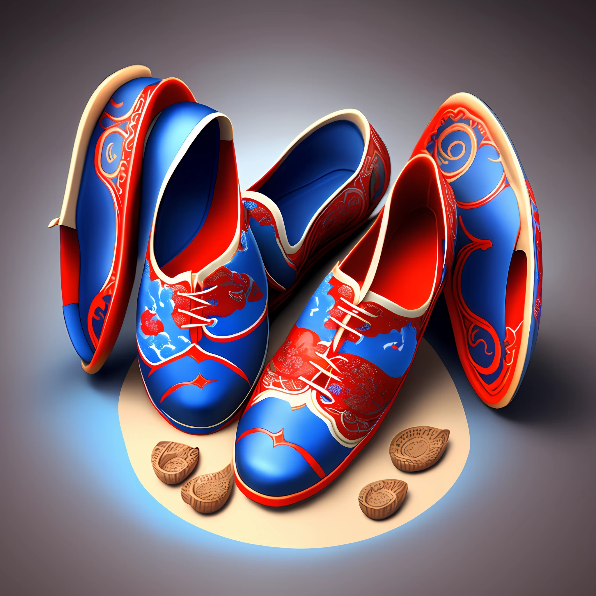 A pair of shoes, Tang culture, Tang Dynasty national style, casual shoes, red and blue matching, fashion, 3D rendering, complex shoe style