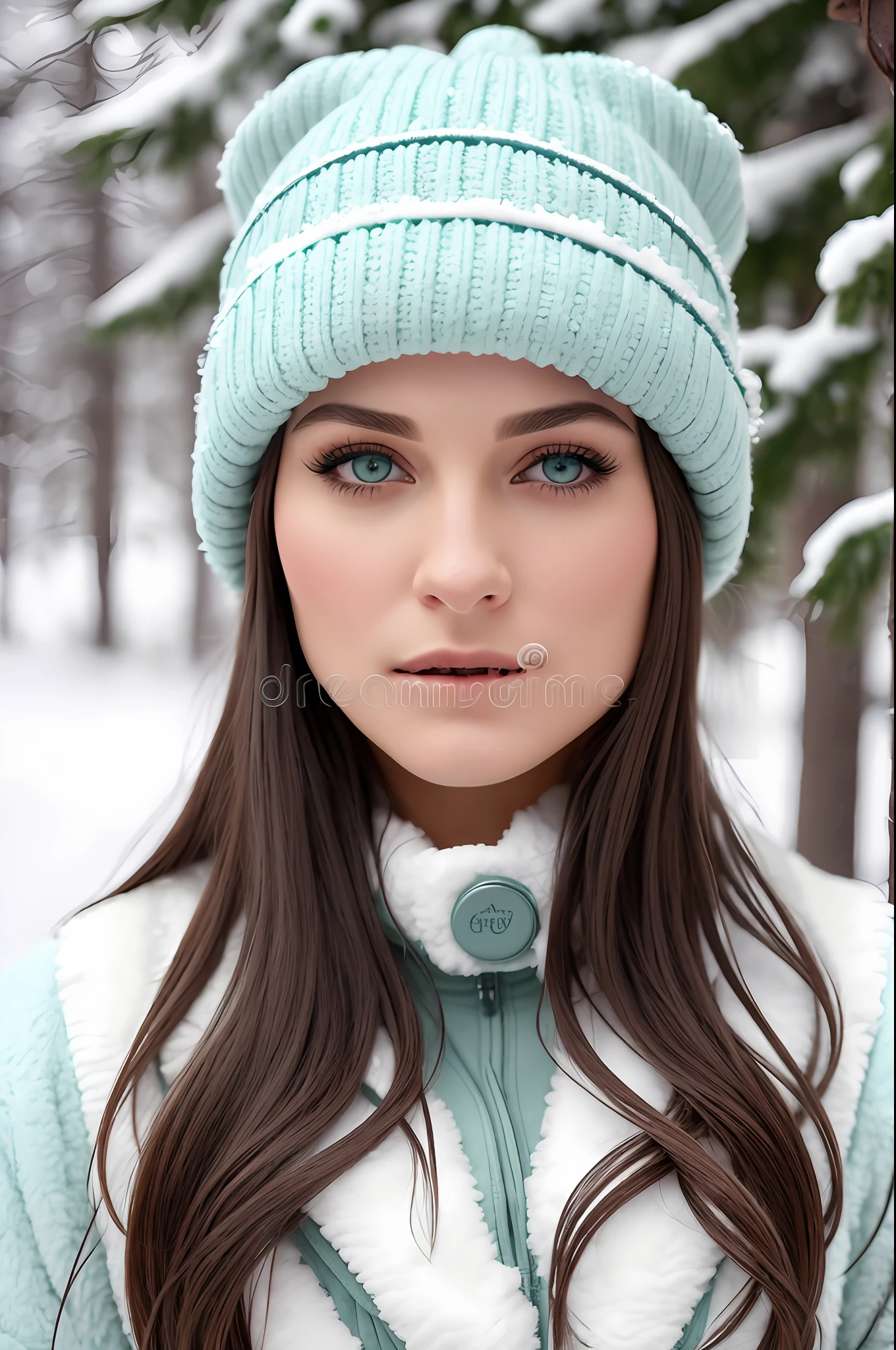 cowboy shot size photo stock picture of blonde woman in a swimming suite, light green eyes, in a winter open coat and a wool cap is standing in the snow with snowflakes falling over her. 1girl, bangs, blue_eyes, big round breast, blurry, blurry_background, closed_mouth, depth_of_field, expressionless, eyelashes, fur_trim, lips, long_hair, looking_at_viewer, realistic, snowflakes, solo. Alphonse Mucha style