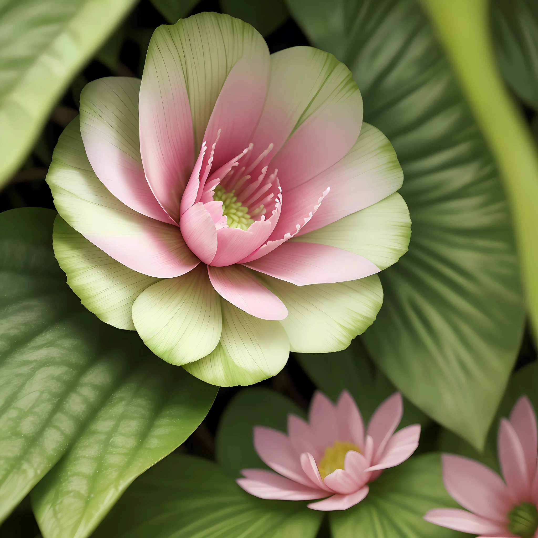 There is only one pink flower with green leaves on it, stunning in its beauty, realistic, 4k, super detailed, local closeup, close-up view - above, near view, strange flora, pink and green white, alien flower, extravagantly decorated fancifully, wild foliage, up close view, stunning landscape of nature, vibrant vegetation