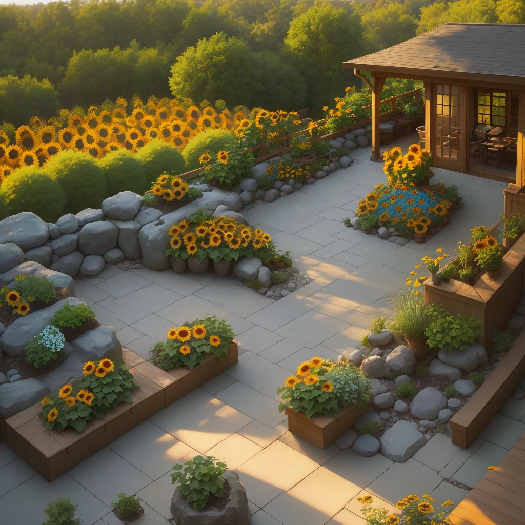 covered deck overlooking a rock garden, sunflowers, and a small herb garden, in the very early morning light