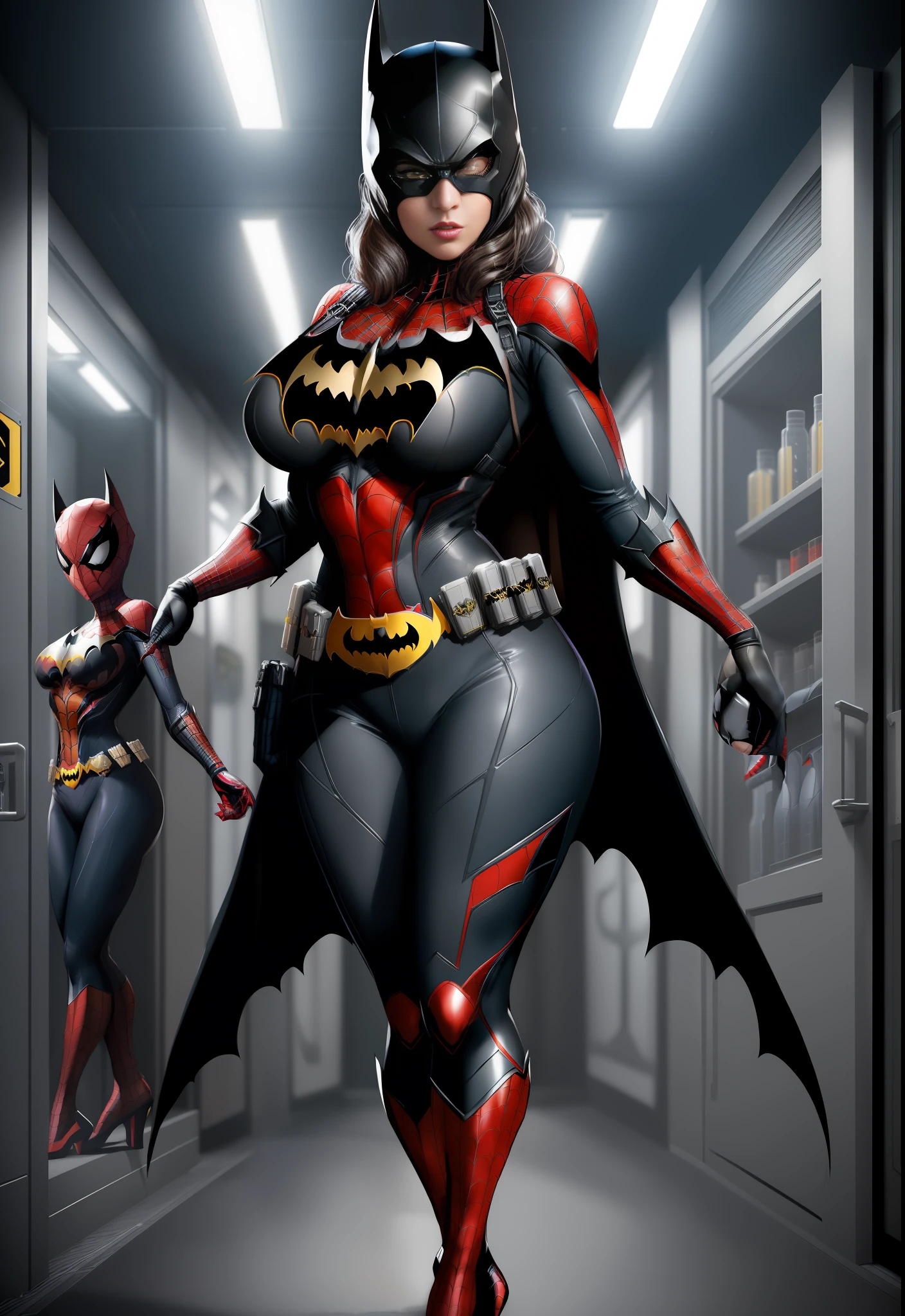 ((1woman/Batman/Spider-Man/Kamen Rider)), Max resolution/detail/quality/sharpness. Unreal Engine 5, Anime-style, huge breasts1, looking at the viewer furiously, pose with futuristic armada, showing off to the viewer, in a futuristic military base in front of the entrance of a laboratory.