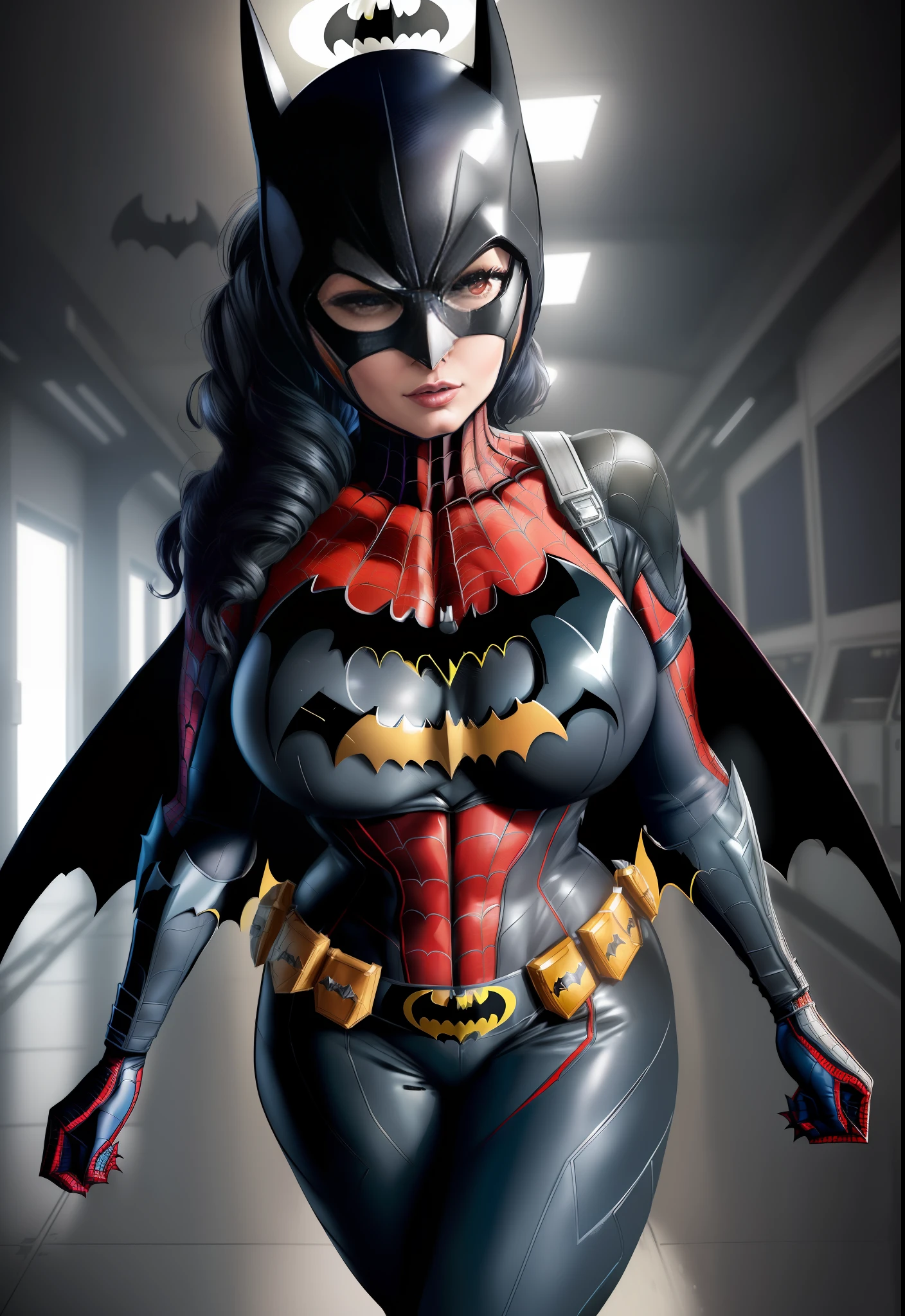 ((1woman/Batman/Spider-Man/Kamen Rider)), Max resolution/detail/quality/sharpness. Unreal Engine 5, Anime-style, huge breasts1, looking at the viewer furiously, pose with futuristic armada, showing off to the viewer, in a futuristic military base in front of the entrance of a laboratory.