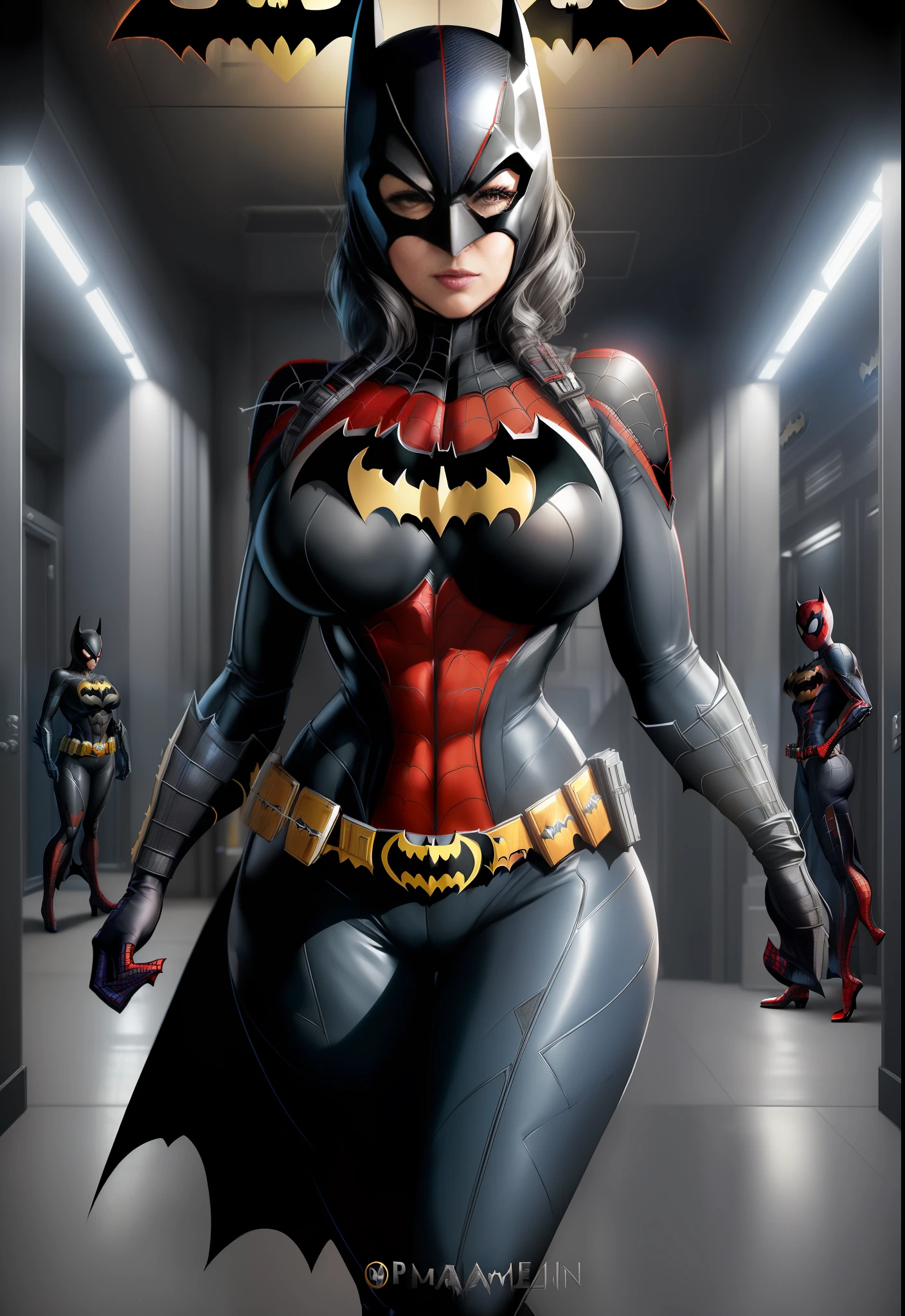 ((1woman/Batman/Spider-Man/Kamen Rider)), Max resolution/detail/quality/sharpness. Unreal Engine 5, Anime-style, huge breasts1, looking at the viewer furiously, pose with futuristic armada, showing off to the viewer, in a futuristic military base in front of the entrance of a laboratory.