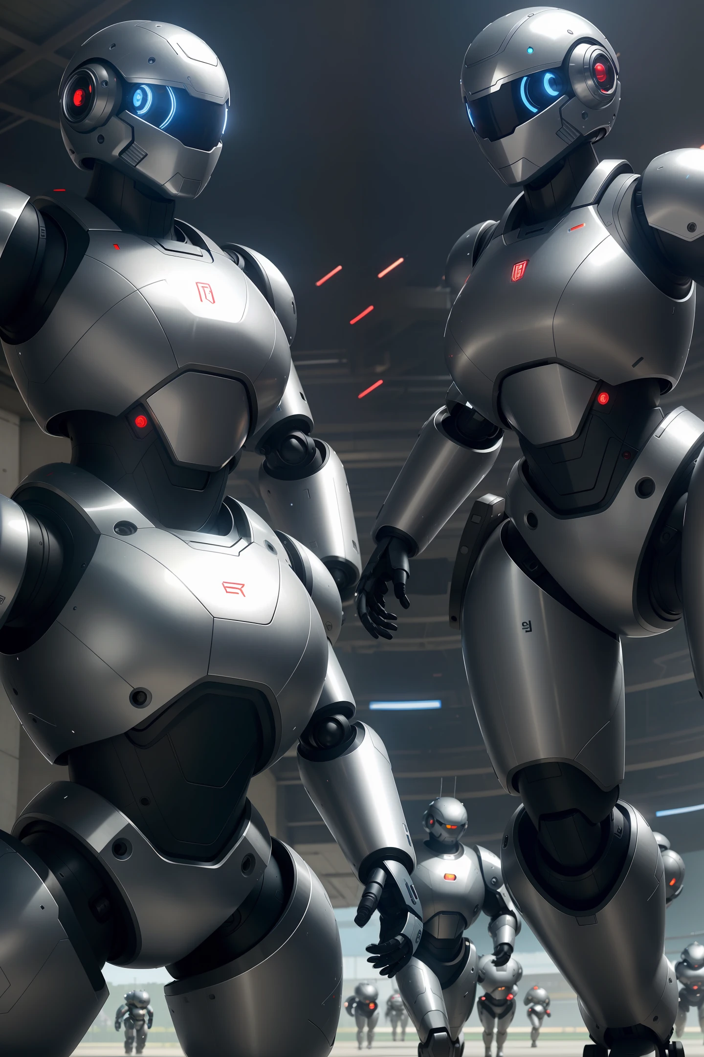 A group of round silver robots with a lot of futuristic firearms attached to their bodies, playing football, without arms or legs. Close-up view, photorealistic rendering, Unreal rendering, artstation, behance, best quality, fine detail, high resolution, 8k