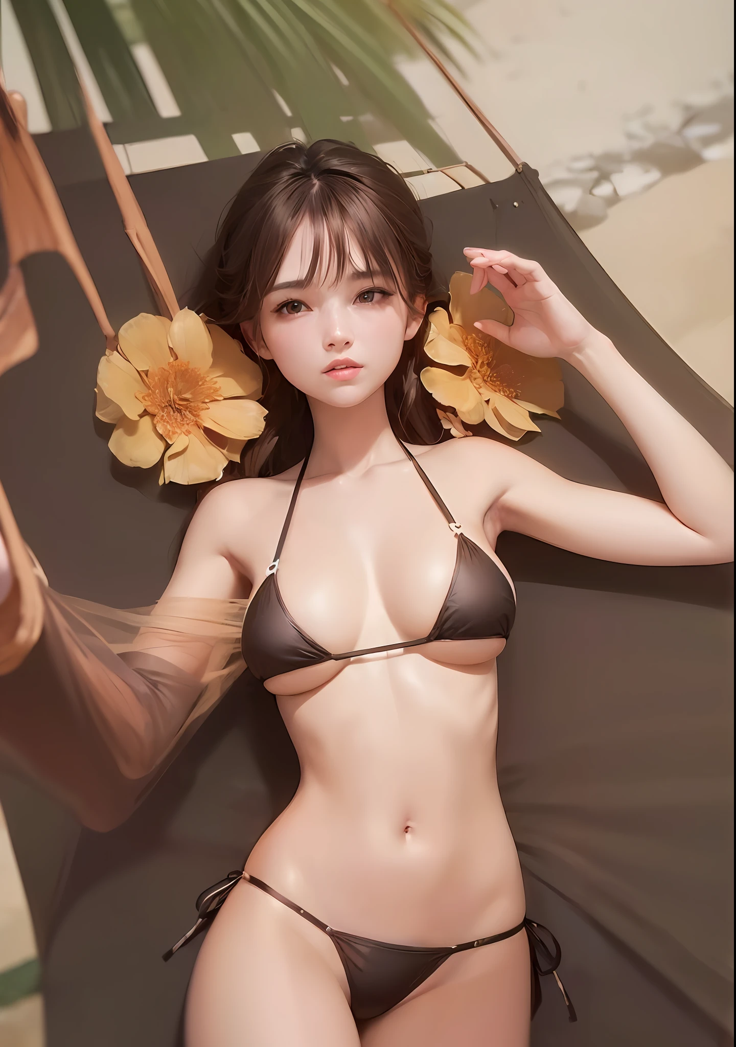 ((Best quality, 8k, Masterpiece :1.3)), A pretty 1woman with perfect figure :1.4, Slender abs :1.3, ((light brown hair, big breasts :1.2)), (wearing flower micro bikini:1.5), (Lying on hammock, Hammock, At the beach:1.2), Highly detailed face and skin texture, Detailed eyes, Double eyelid.