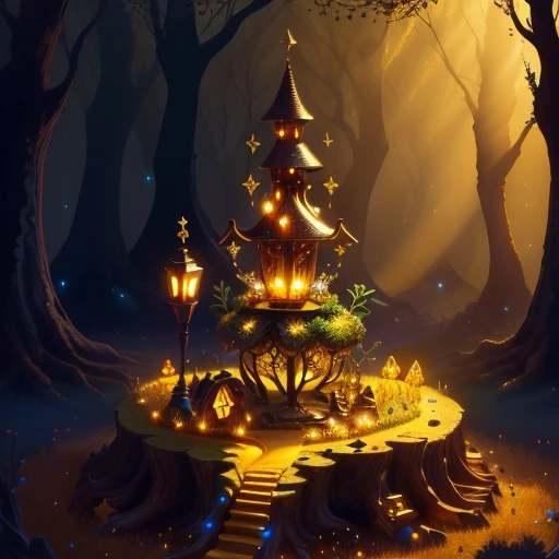 ant hill filled with piles of gold and treasures, magic lamp on top, jewelry, fantasy forest ambiance