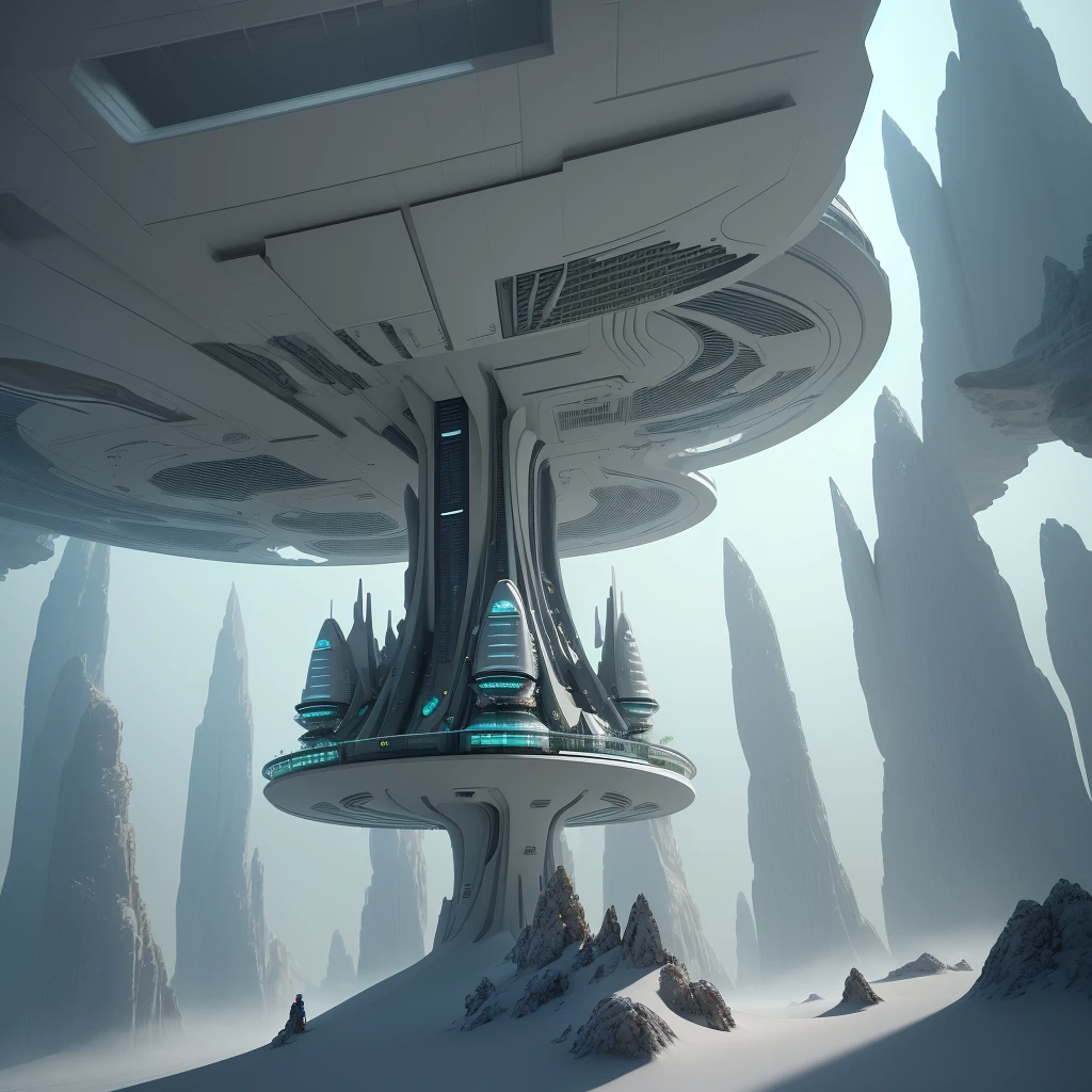 Surreal sci-fi set design, futuristic landscape, surreal 3d rendering, futuristic setting, futuristic and ethereal, beautiful landscape rendering, moonlight rendering, futuristic architectural concept, composition and futuristic, 3d rendering bee hairy bee, in Philip Hoddas's art style
