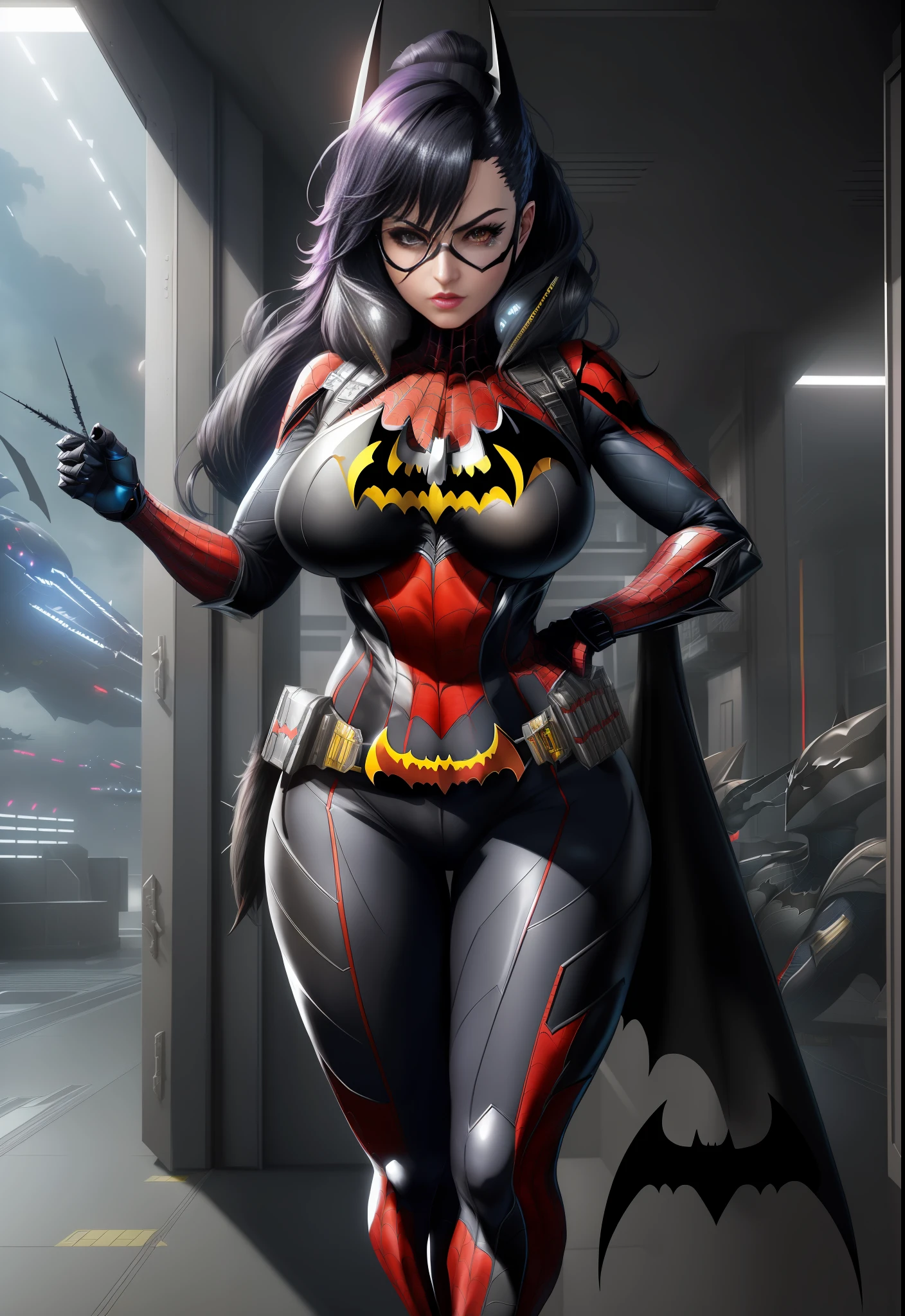 ((Image by 1woman/Batman/Spider-Man/Kamen Rider)), Max resolution/detail/quality/sharpness. Unreal Engine 5, Anime style, long mohawk hair in the eyes, huge breasts1, looking at the viewer furious, pose with futuristic armada, showing off to the viewer, in a futuristic military base in front of the entrance of a laboratory.