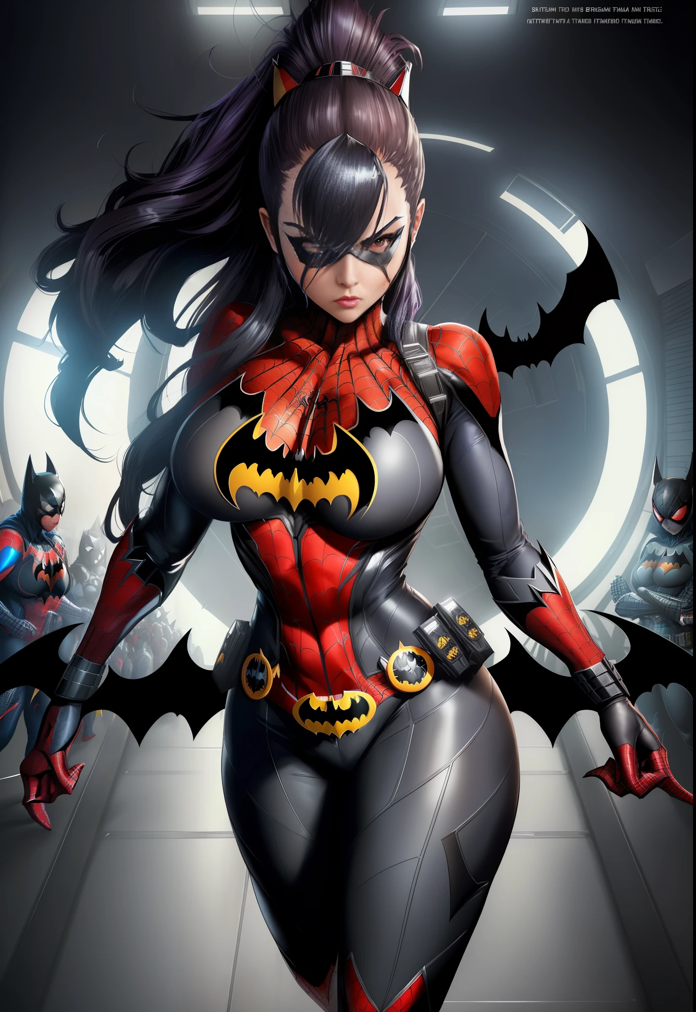 ((Image by 1woman/Batman/Spider-Man/Kamen Rider)), Max resolution/detail/quality/sharpness. Unreal Engine 5, Anime style, long mohawk hair in the eyes, huge breasts1, looking at the viewer furious, pose with futuristic armada, showing off to the viewer, in a futuristic military base in front of the entrance of a laboratory.