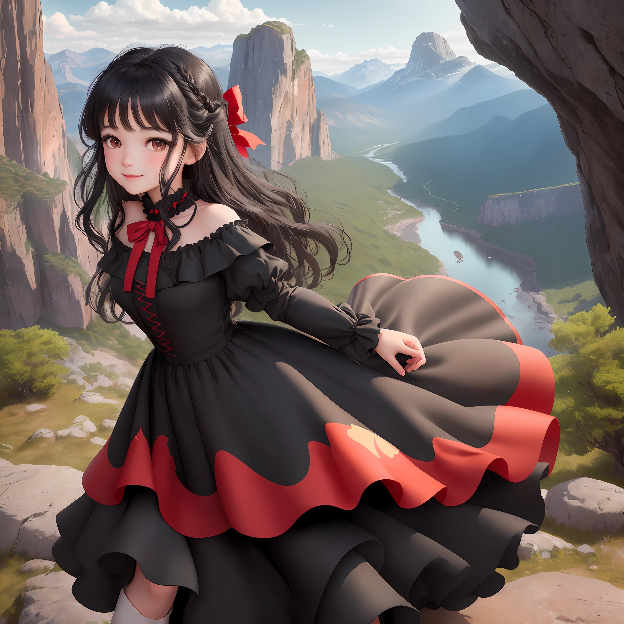 High Detail, Ultra Detail, Ultra High Resolution, black hair, slightly wavy, falling over the shoulders, bright and expressive eyes, conveying a mixture of curiosity and gentleness, delicate skin, long dress, red color, short sleeves, bow, black boots, standing, mountains, hills, rock formations, looking at the viewer, radiant smile