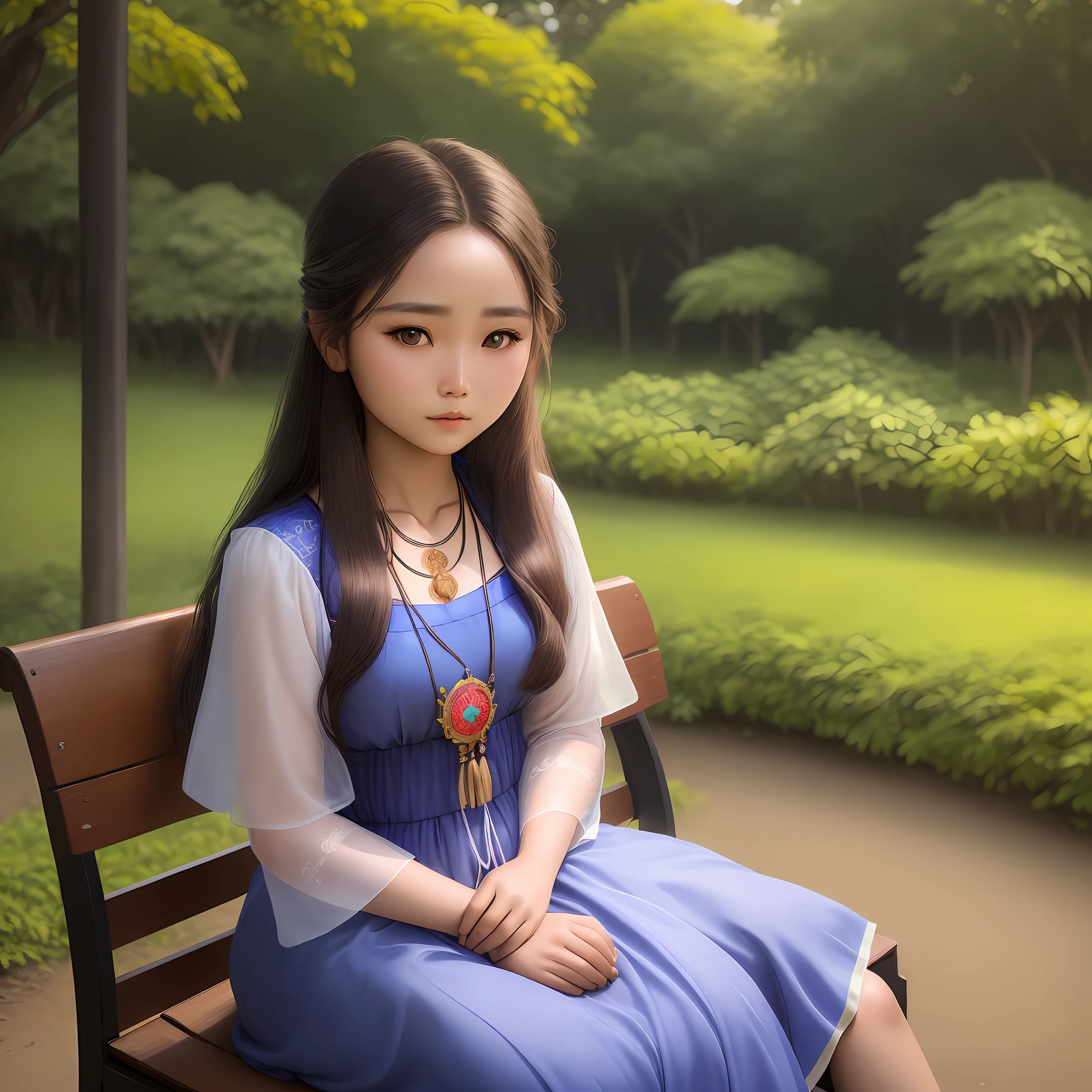 a woman with a Myanmar traditional dress and a necklace on sitting on a bench in a park area with a blue fence, aestheticism, a picture, The portrait shows a girl with brown Long hair and gray, real eyes. real skin, real national Myanmar,model:Real