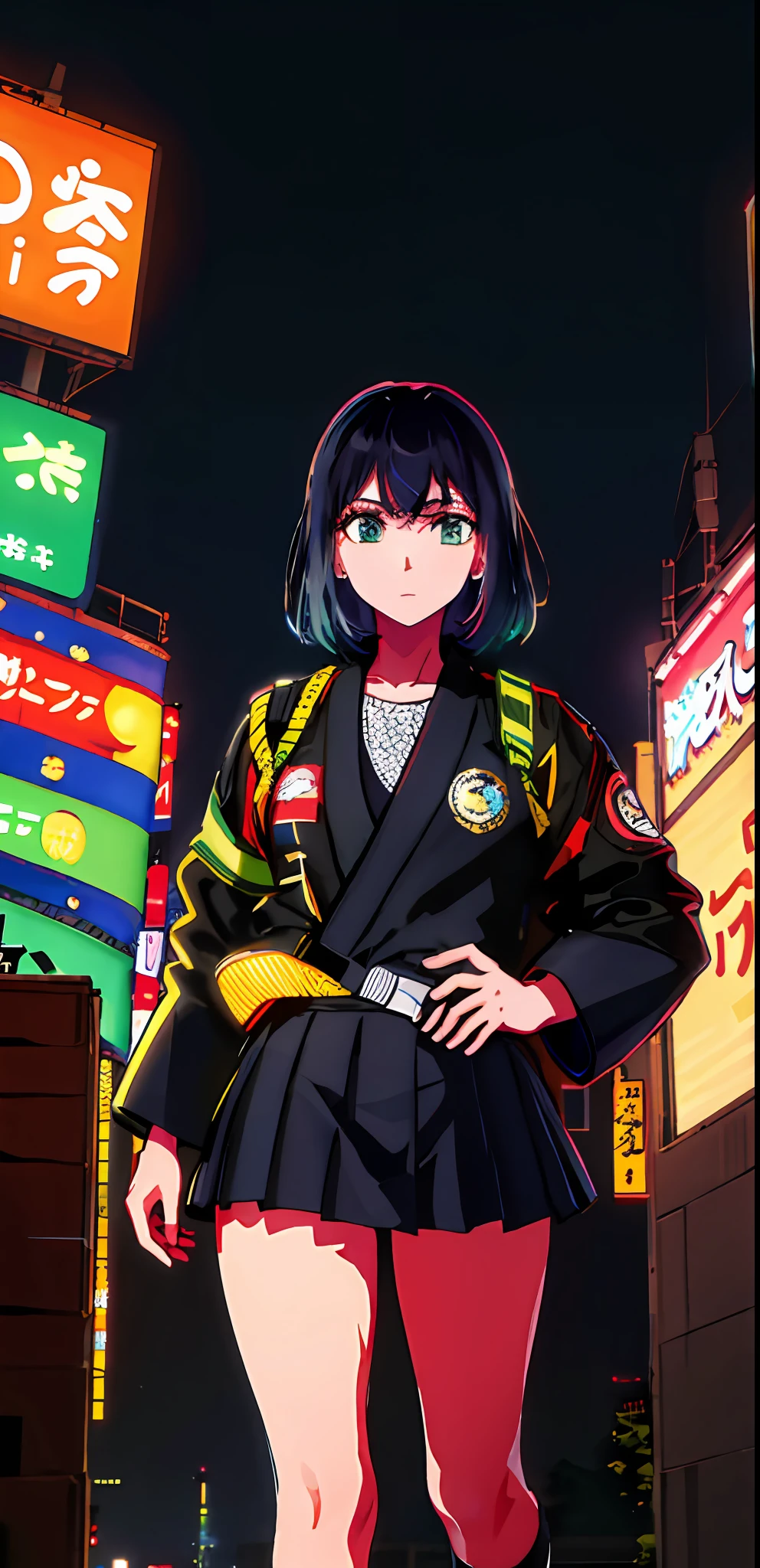 1girl, solo, jujitsu kaisen uniform, bangs,happy,posing, multicolored hair, (masterpiece:1.2), highres, best quality, 8k, Night neon city Tokyo background, black jacket school uniform, black jacket, white hair