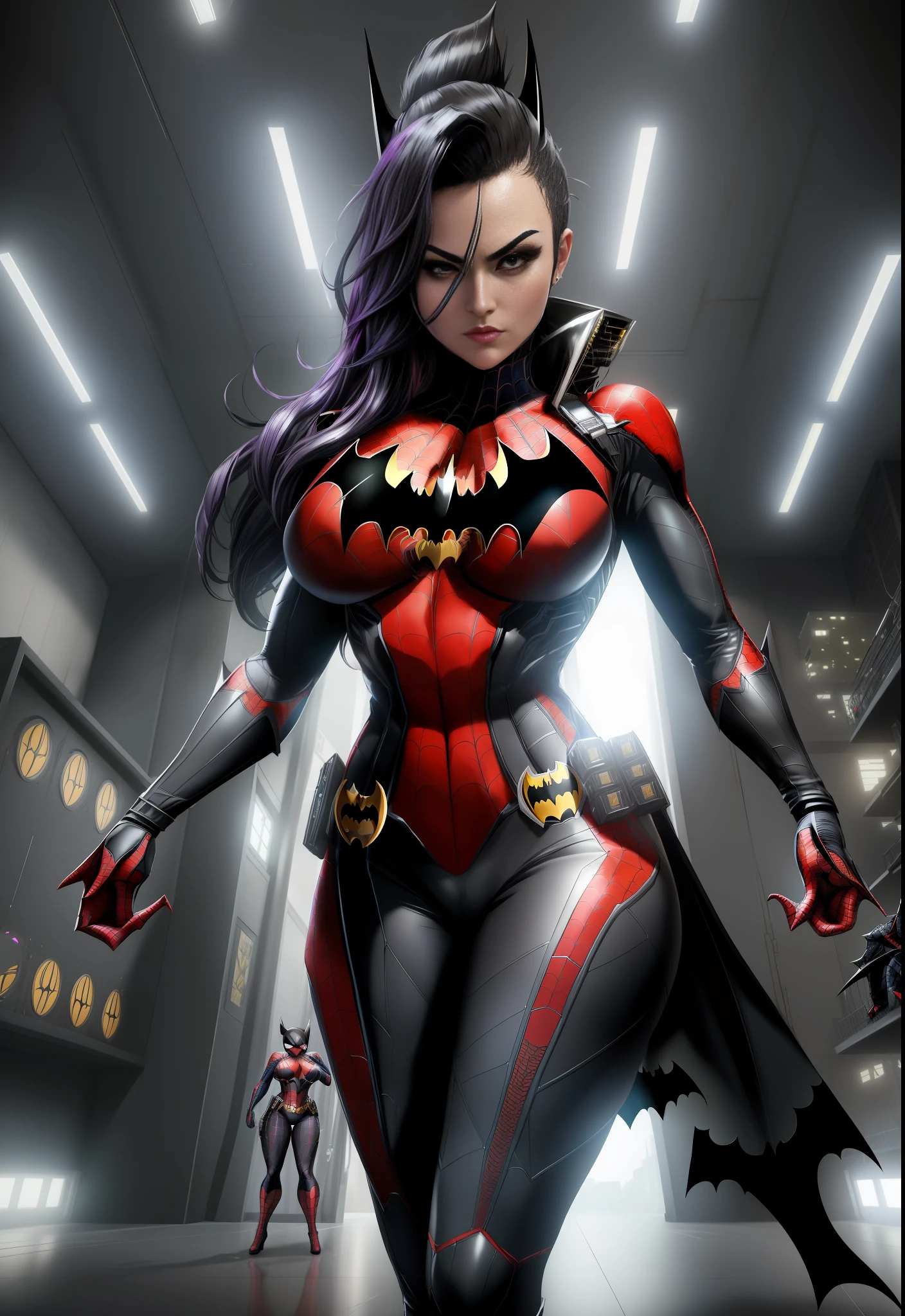 ((Image by 1woman/Batman/Spider-Man/Kamen Rider)), Max resolution/detail/quality/sharpness. Unreal Engine 5, Anime style, long mohawk hair/eyes, huge breasts1, looking at the viewer furiously, pose with futuristic armada, showing off to the viewer, in a futuristic military base in front of the entrance of a laboratory.