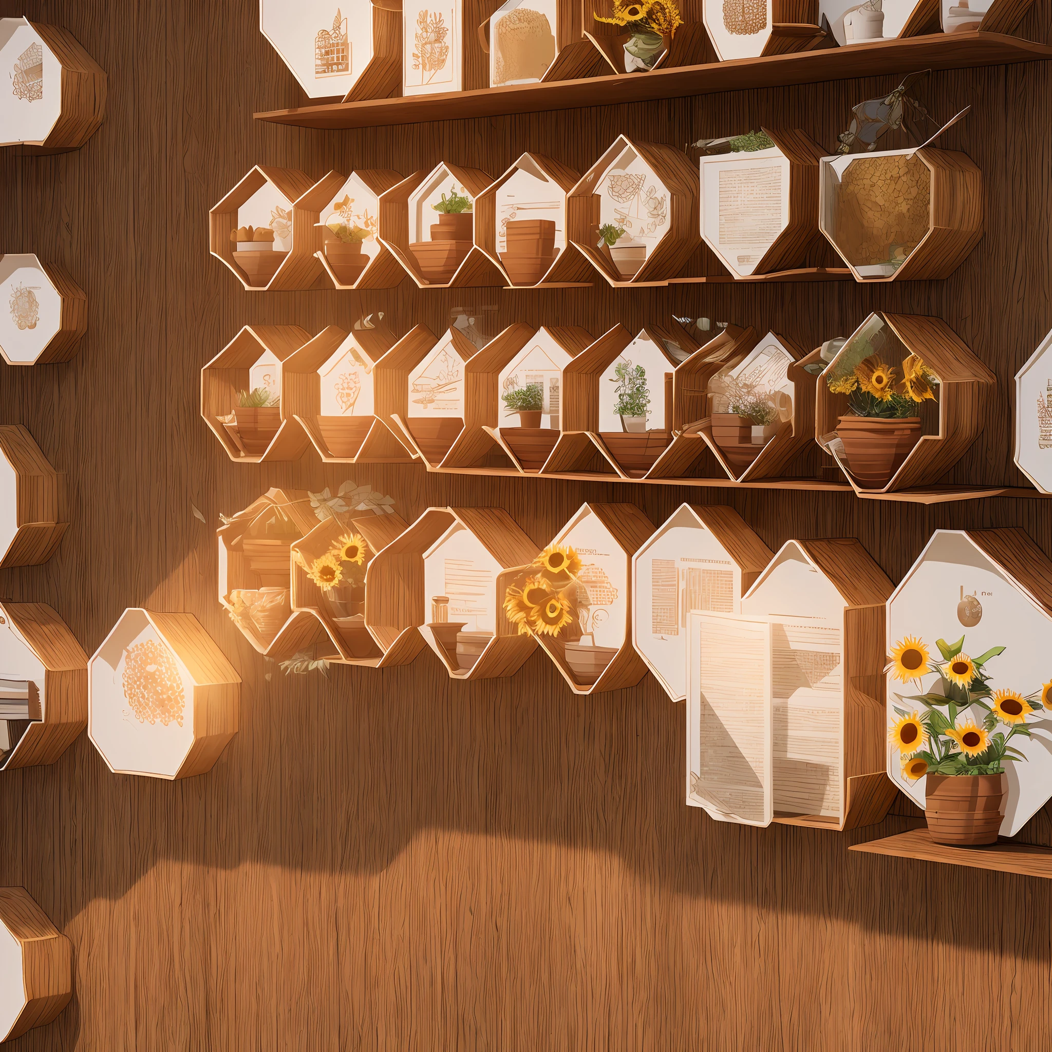 full bar, honeycombs, sunflower in pot, bookshelf, from commission, background art