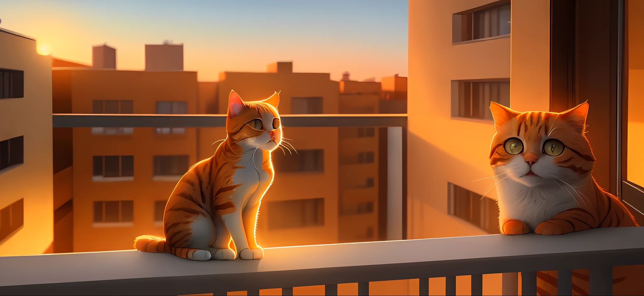 Sunshine, Orange Cat, Balcony, Warm, Cosy, Freehand, Ultra Detailed Pictures, Epic Composition, HD, Best Pictures, Cinematography, 34K