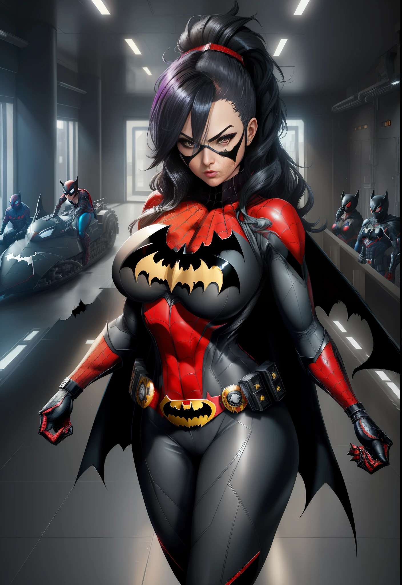 ((Image by 1woman/Batman/Spider-Man/Kamen Rider)), Max resolution/detail/quality/sharpness. Unreal Engine 5, Anime style, long mohawk hair/eyes, huge breasts1, looking at the viewer furiously, pose with futuristic armada, showing off to the viewer, in a futuristic military base in front of the entrance of a laboratory.