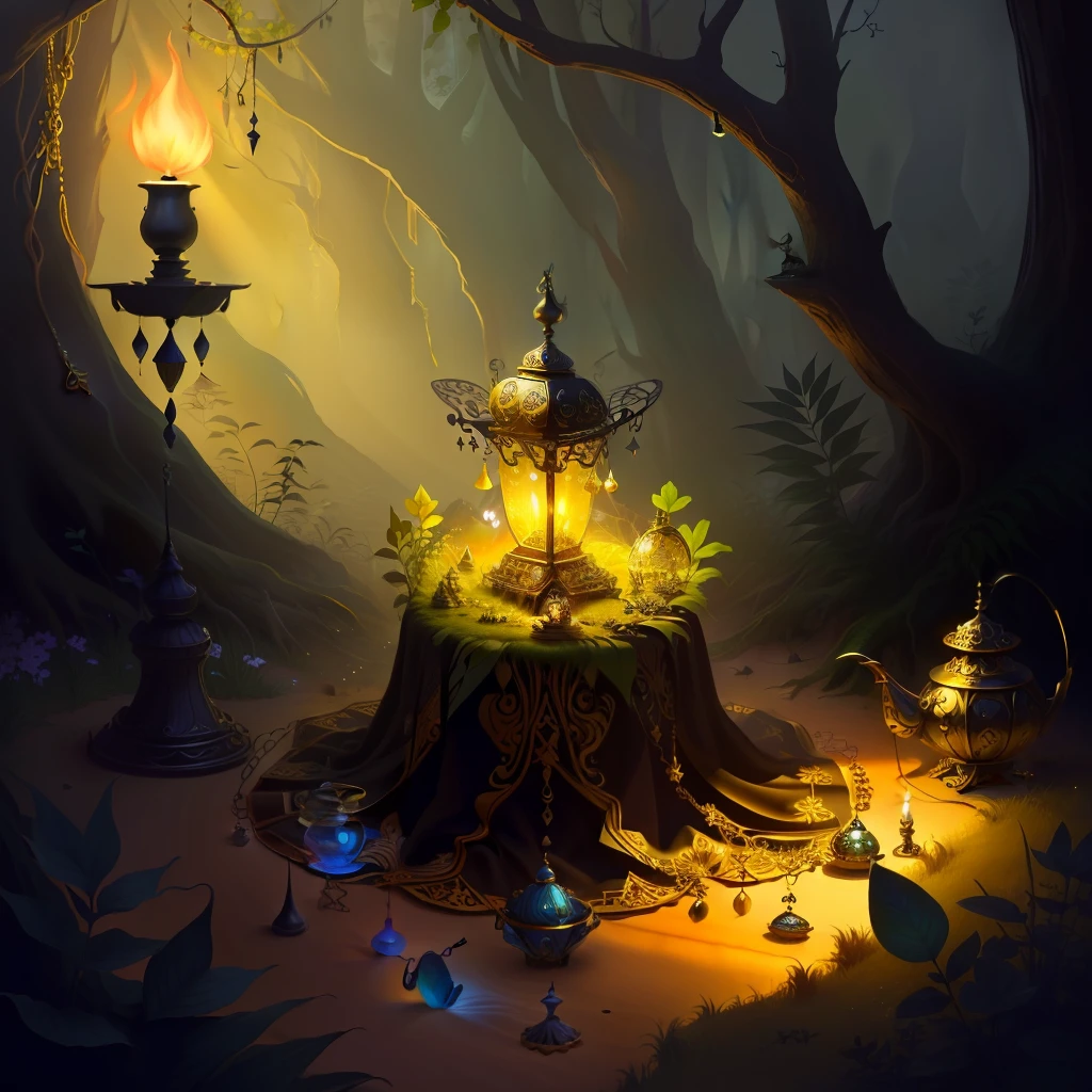 ant hill filled with treasures, magic lamp on top, jewelry, fantasy forest ambiance,