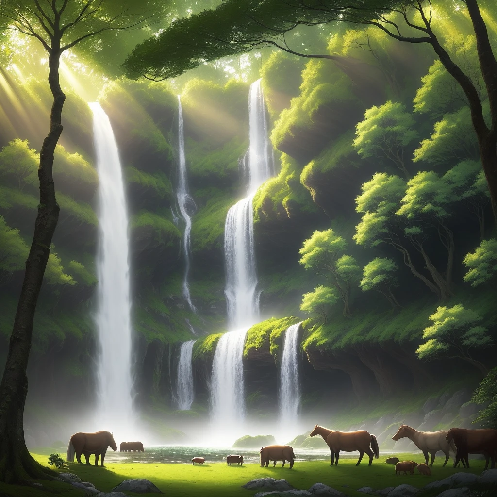 A serene forest landscape with a waterfall, sunlight streaming through the tree canopy, and peaceful animals grazing.