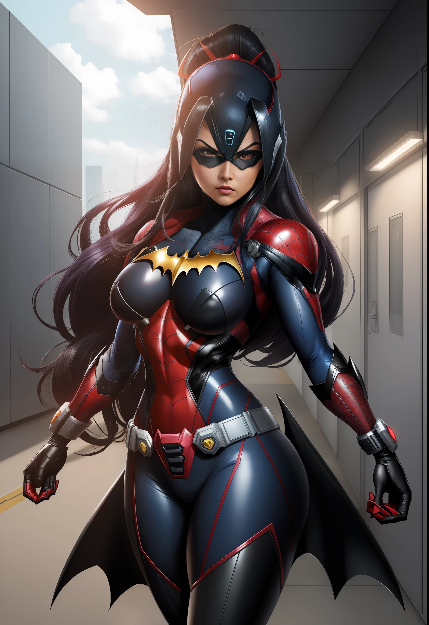 ((Image by 1woman/Mega Man-X/Batman/Spider-Man/Kamen Rider)), Max resolution/detail/quality/sharpness. Unreal Engine 5, Anime style, long mohawk hair/eyes, huge breasts1, looking at the viewer furiously, pose with futuristic armada, showing off to the viewer, in a futuristic military base in front of the entrance of a laboratory.