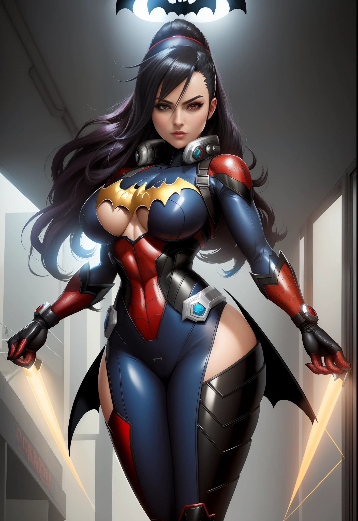 ((Image by 1woman/Mega Man-X/Batman/Spider-Man/Kamen Rider)), Max resolution/detail/quality/sharpness. Unreal Engine 5, Anime style, long mohawk hair/eyes, huge breasts1, looking at the viewer furiously, pose with futuristic armada, showing off to the viewer, in a futuristic military base in front of the entrance of a laboratory.