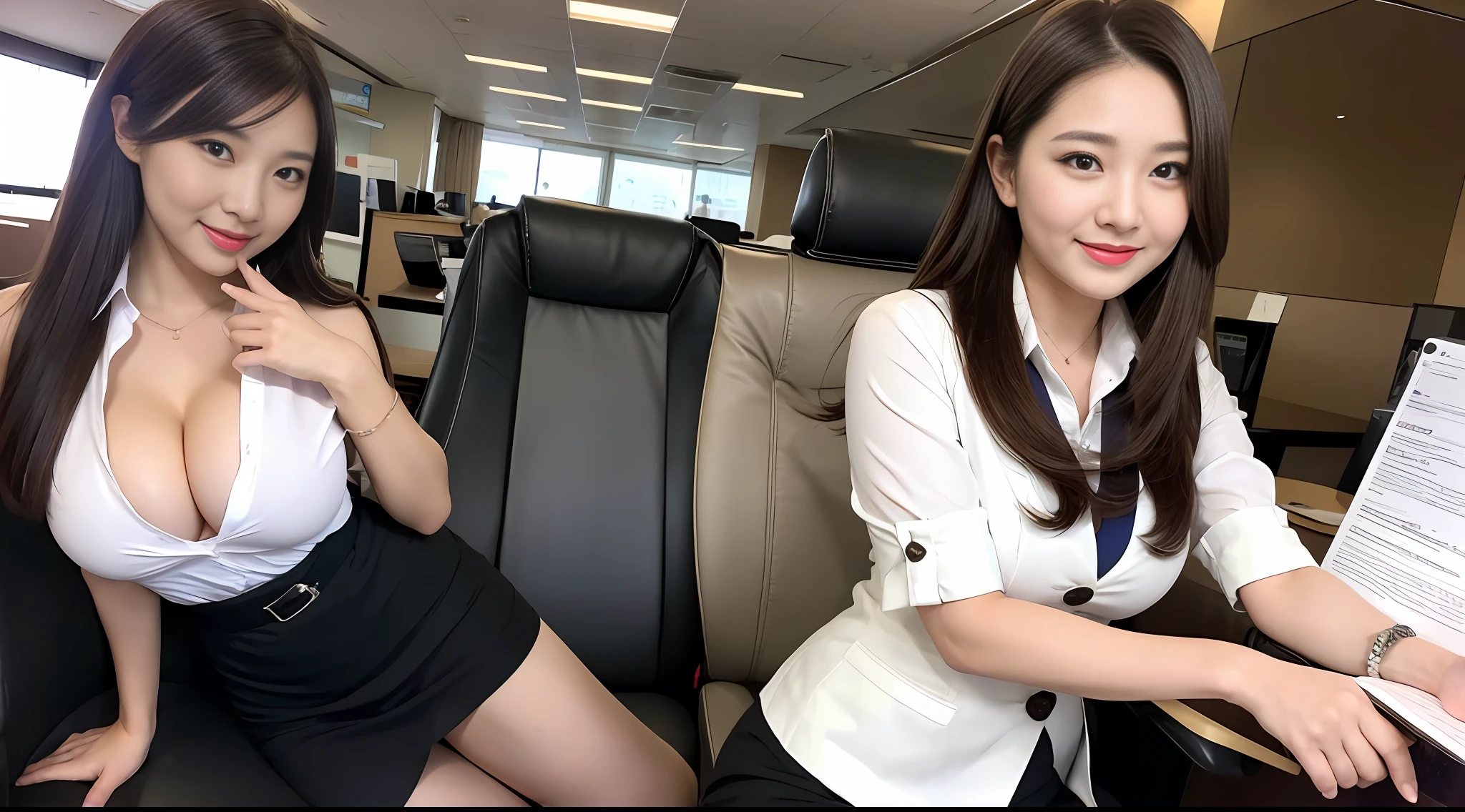 Masterpiece, seduction, short skirt, smile, flight attendant, long brown hair, office chair, beautiful breasts, workplace professional wear, big breasts without leaking spots, high definition, 8K