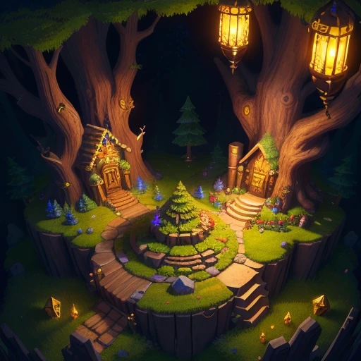 dwarf's base filled with piles of gold and treasures and jewelry, fantasy forest ambiance, midnight
