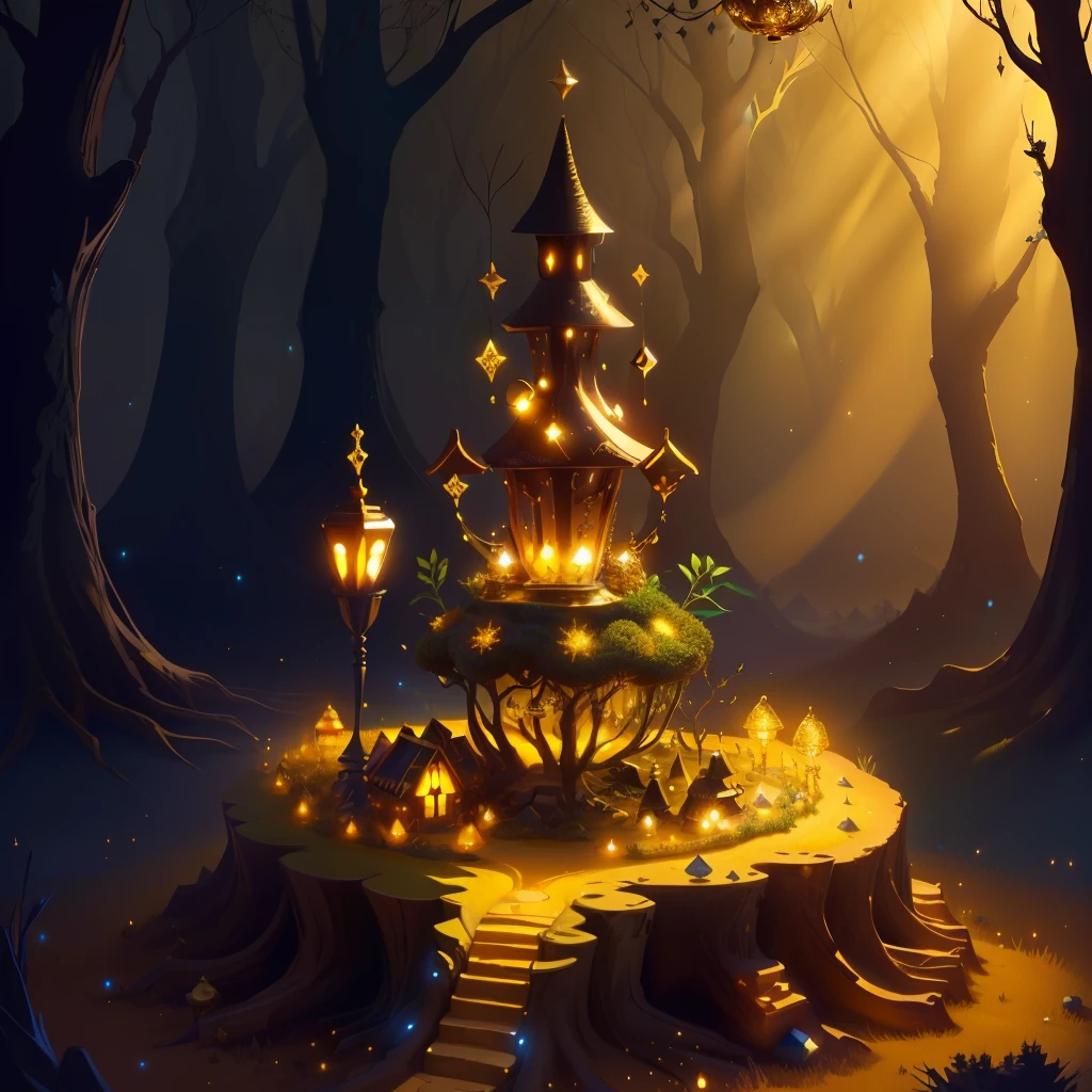 ant hill filled with piles of gold and treasures, magic lamp on top, jewelry, fantasy forest ambiance