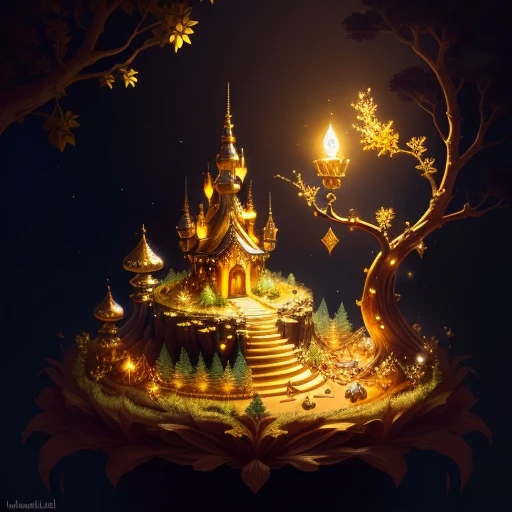 ant hill filled with piles of gold and treasures, magic lamp on top, jewelry, fantasy forest ambiance