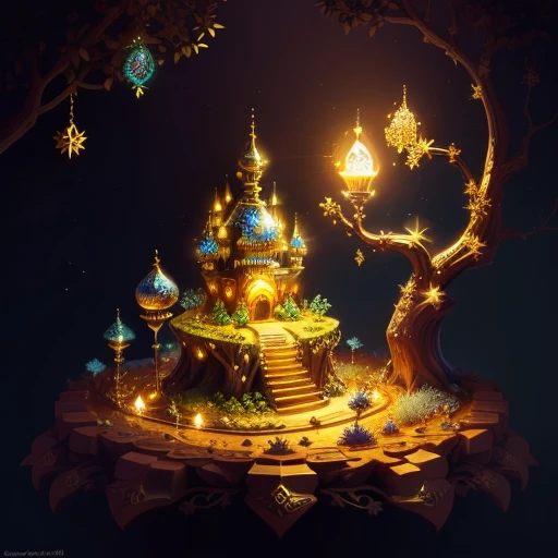 ant hill filled with piles of gold and treasures, magic lamp on top, jewelry, fantasy forest ambiance