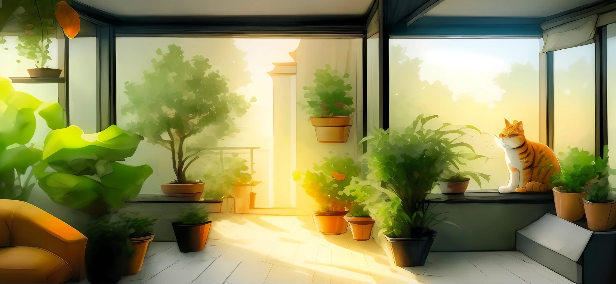 Sunshine, orange cat, fish tank, potted plants, balcony, warm, cozy, freehand, super detailed pictures, epic composition, HD, the best pictures, cinematography, 34k