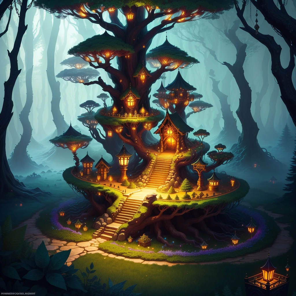anthill's base filled with piles of gold and treasures and jewelry, fantasy forest ambiance, midnight fantasy forest