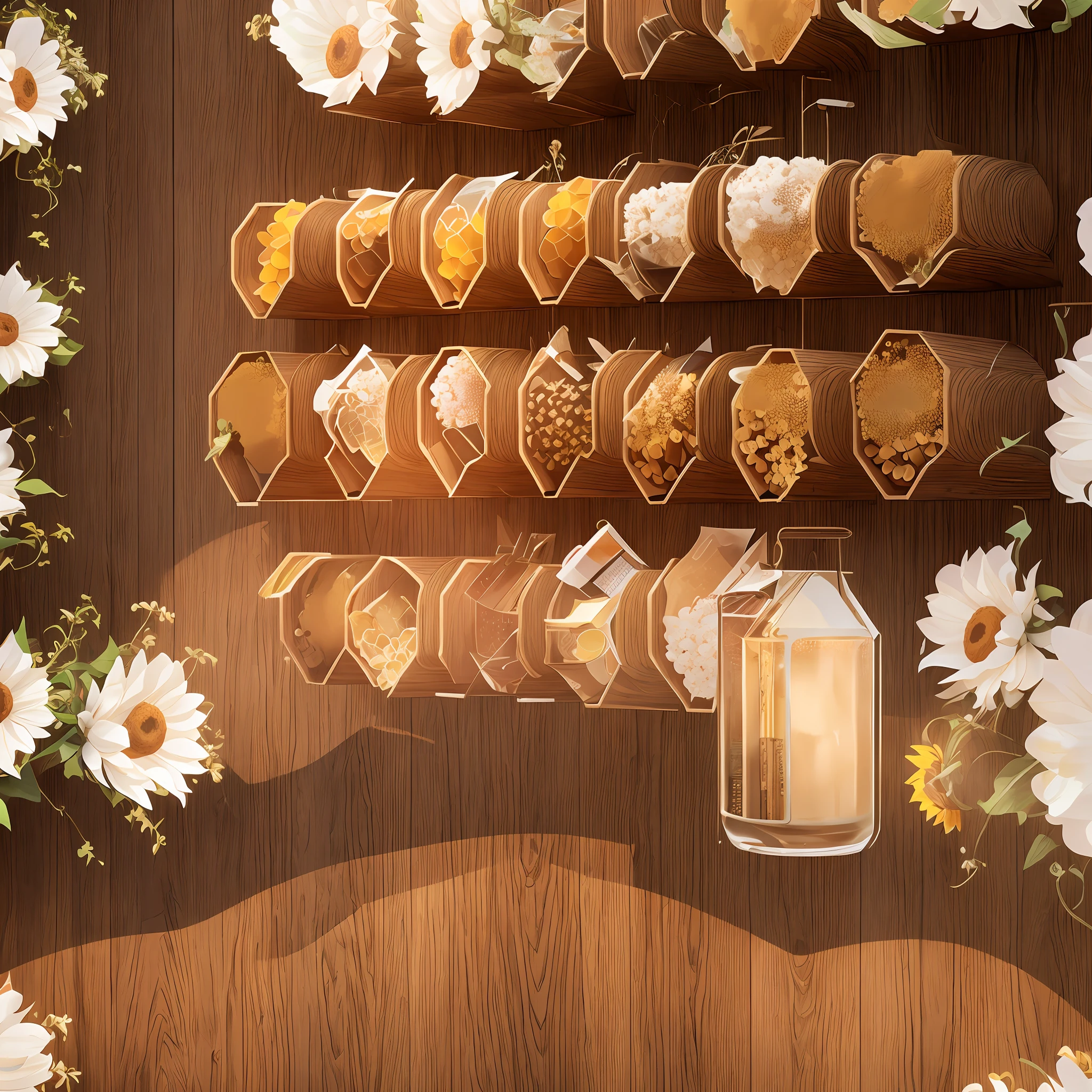full bar, honeycombs, sunflower in pot, bookshelf, from commission, background art
