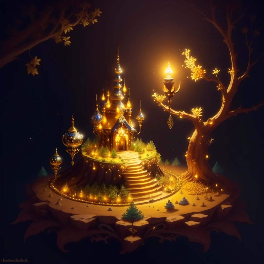 ant hill filled with piles of gold and treasures, magic lamp on top, jewelry, fantasy forest ambiance