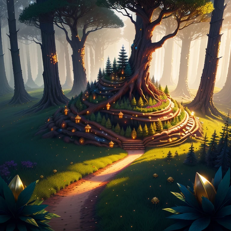 anthill filled with piles of gold and jewelrys, fantasy forest ambiance, midnight fantasy forest