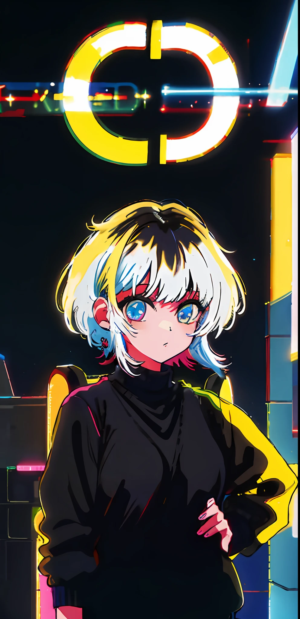 1girl, solo, black sweater uniform, bangs,happy,posing, multicolored hair, (masterpiece:1.2), highres, best quality, 8k, Night neon city Tokyo background, white hair