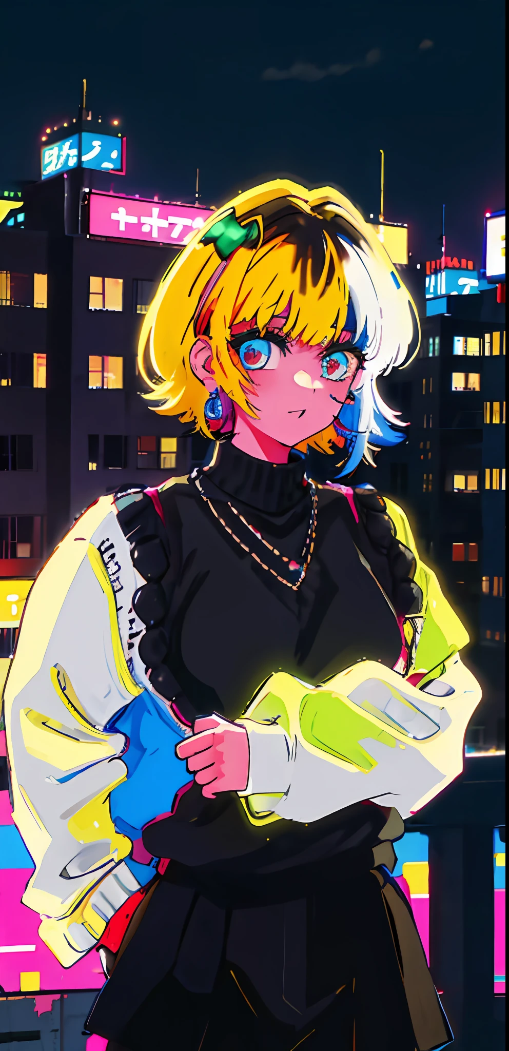 1girl, solo, black sweater uniform, bangs,happy,posing, multicolored hair, (masterpiece:1.2), highres, best quality, 8k, Night neon city Tokyo background, white hair