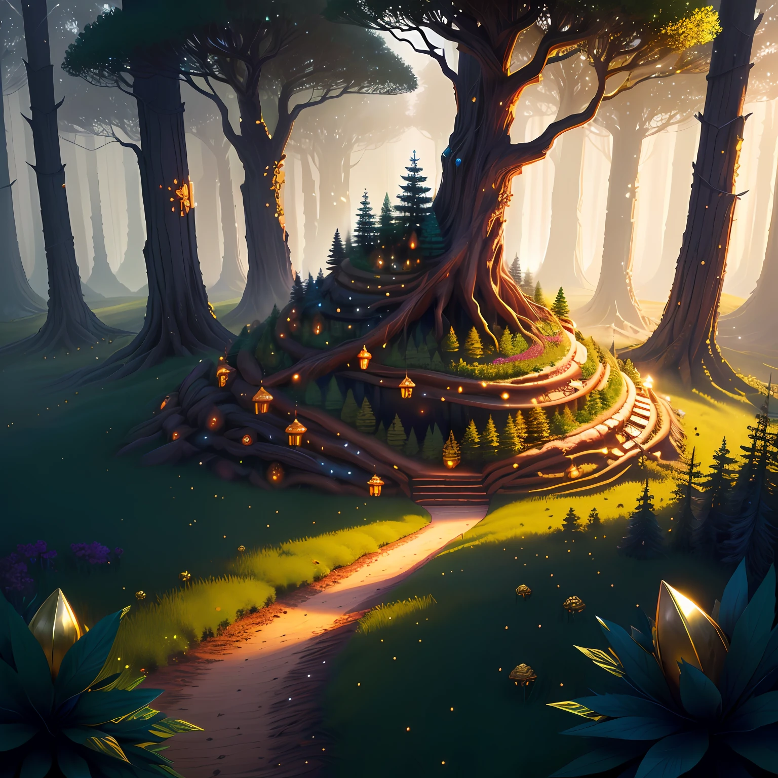 anthill filled with piles of gold and jewelrys, fantasy forest ambiance, midnight fantasy forest