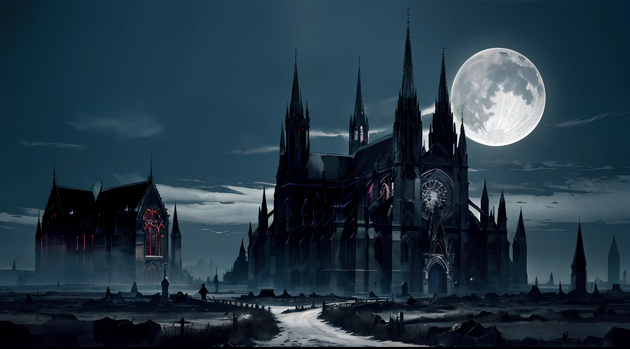 GothicHorrorAI cathedral , stylized, (architecture), landscape, (haunted, desolate, night, dark), (GothicHorrorAI fractals)
