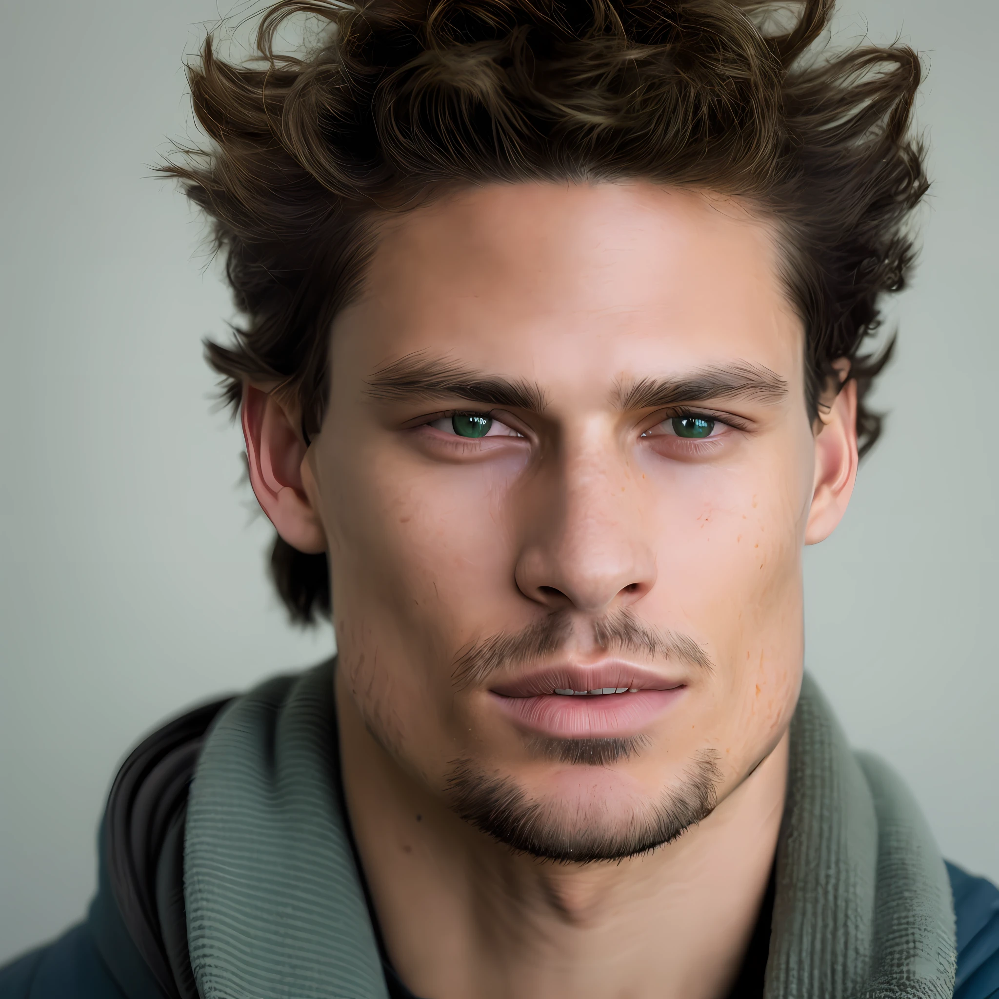 a photorealistic portrait of a stunningly beautiful young man without make-up, extremely detailed light green eyes, light dark skin, latino look, detailed symmetric realistic face, natural skin texture, extremely detailed skin with skin pores, peach fuzz, messy brown hair, wearing shawl over his head, masterpiece, absurdres, award winning photo by lee jeffries, nikon d850 film stock photograph, kodak portra 400 camera f1.6 lens, extremely detailed, amazing, fine detail, rich colors, hyper realistic lifelike texture, dramatic lighting, unrealengine, trending on artstation, cinestill 800 tungsten, looking at the viewer, photo realistic, RAW photo, TanvirTamim, high quality, highres, sharp focus, extremely detailed, cinematic lighting, 8k uhd