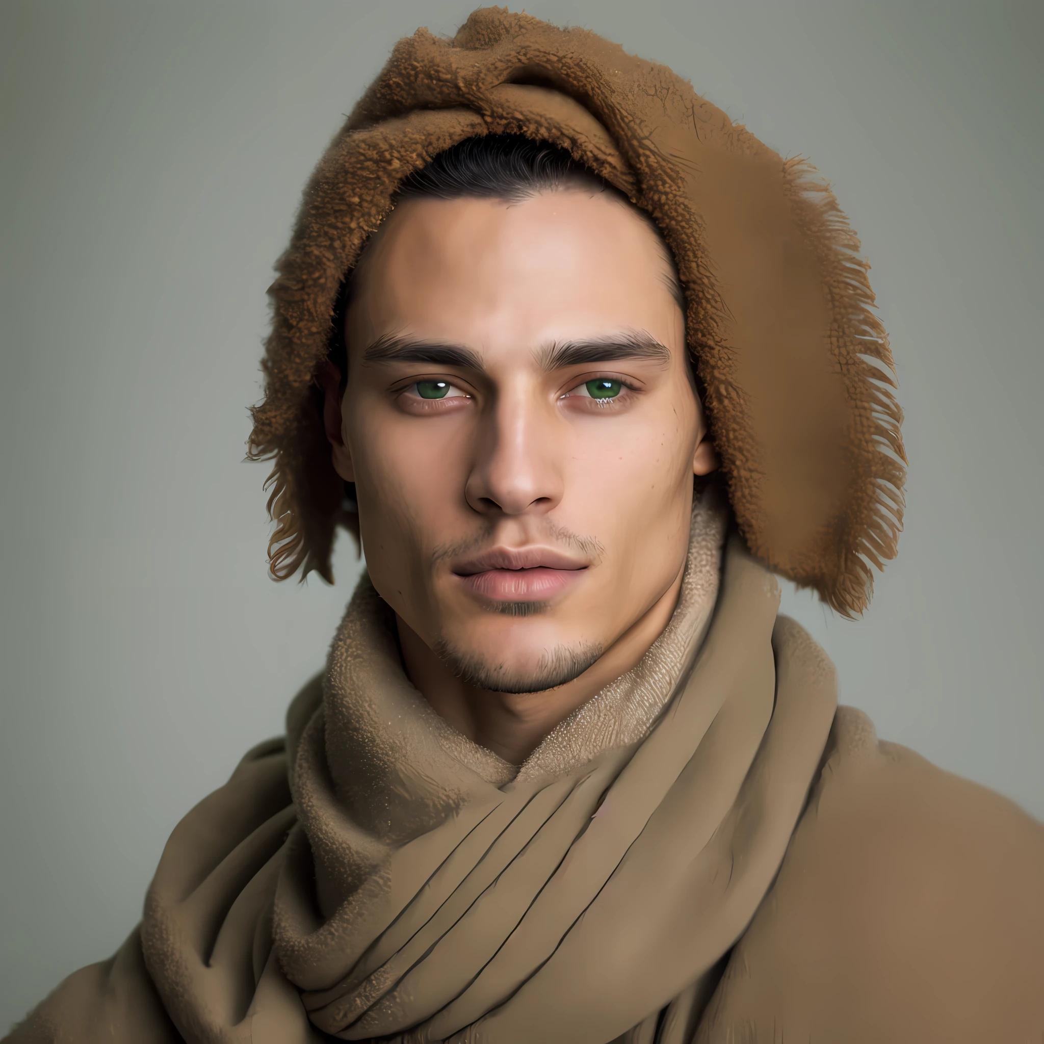 a photorealistic portrait of a stunningly beautiful young man without make-up, extremely detailed light green eyes, light dark skin, latino look, detailed symmetric realistic face, natural skin texture, extremely detailed skin with skin pores, peach fuzz, messy brown hair, wearing shawl over his head, masterpiece, absurdres, award winning photo by lee jeffries, nikon d850 film stock photograph, kodak portra 400 camera f1.6 lens, extremely detailed, amazing, fine detail, rich colors, hyper realistic lifelike texture, dramatic lighting, unrealengine, trending on artstation, cinestill 800 tungsten, looking at the viewer, photo realistic, RAW photo, TanvirTamim, high quality, highres, sharp focus, extremely detailed, cinematic lighting, 8k uhd