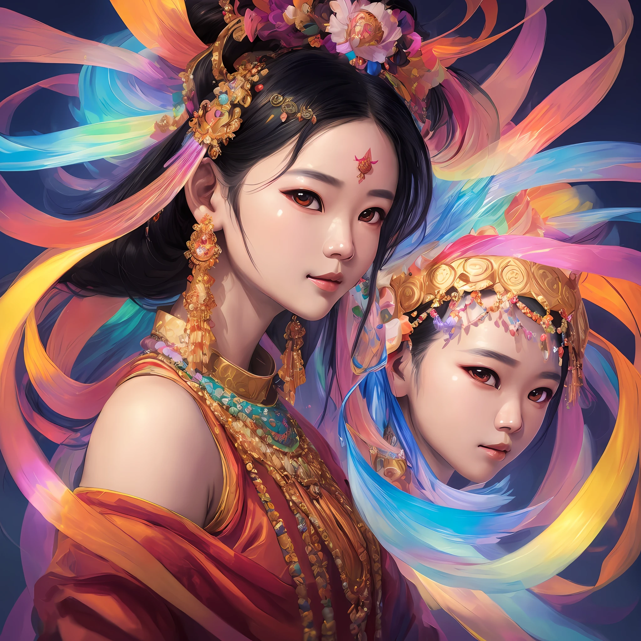 Burmese lady.wearing burmese art, floating female figure made of ribbons, smoke, in the sky, colorful and vibrant, mystical colors, contemporary impressionism, yanjun cheng portrait painting, iridescent painting, 3/4 perspective view, cute face, low angle, sweeping circling composition, large beautiful crystal eyes, big irises, UHD, HDR, 8K, (Masterpiece:1. 5), (the most beautiful portrait in the world:1.5)