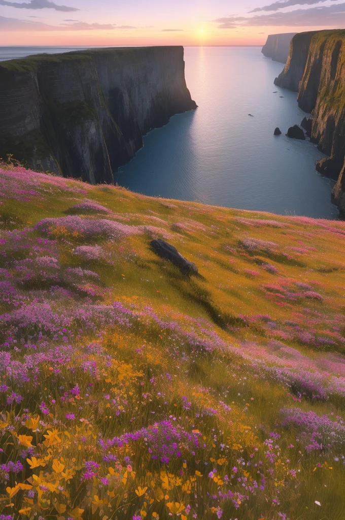 Ultra high resolution, 8K, nature, detailed lighting, sea of flowers, sky, sunset, breeze, fallen leaves, cliffs,